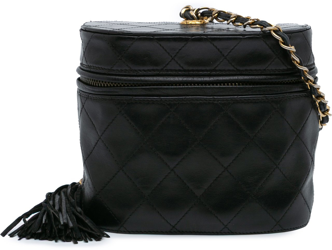 Chanel Quilted Lambskin Tassel Vanity Case with Chain Zwart