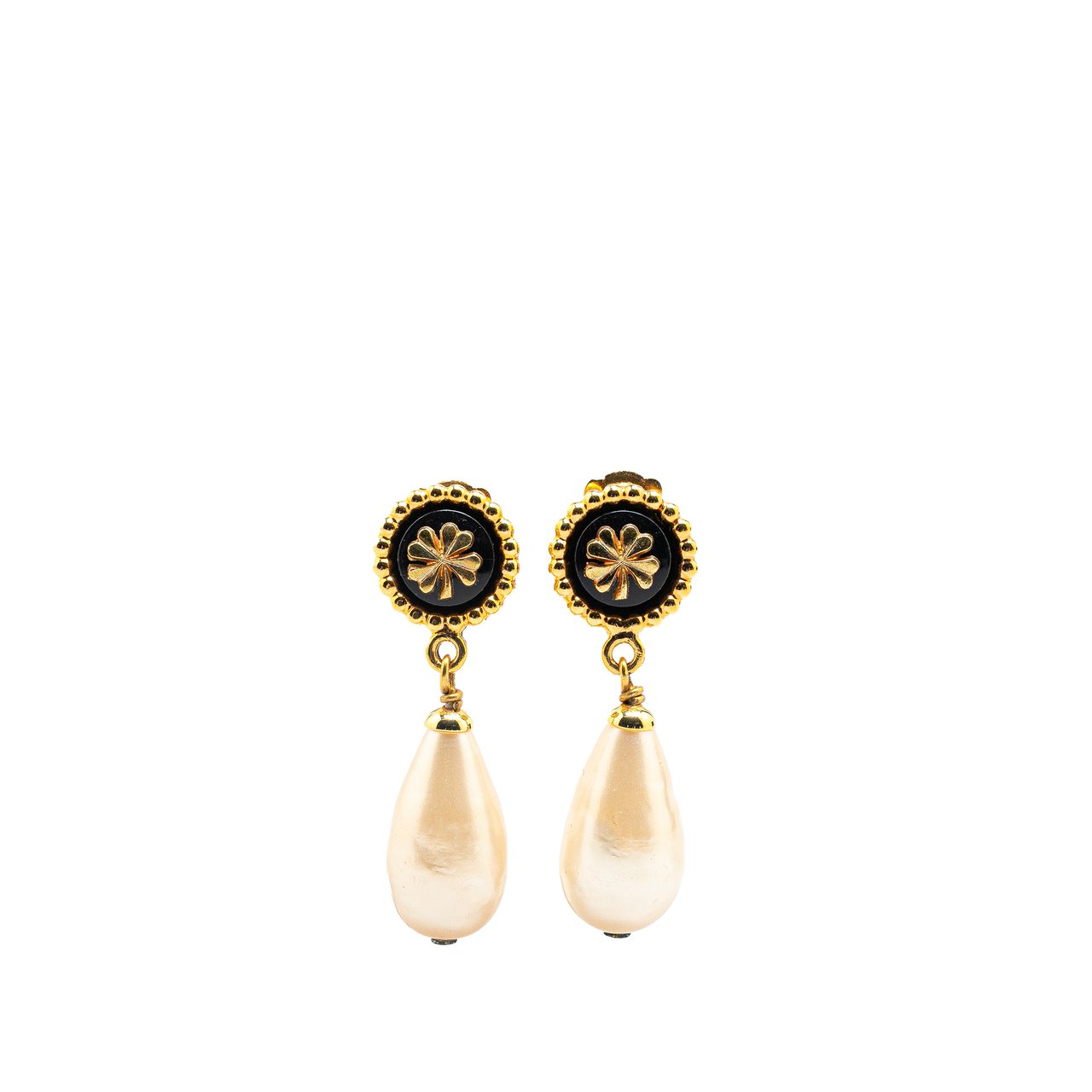 Chanel Gold Plated Clover Faux Pearl Drop Earrings Goud