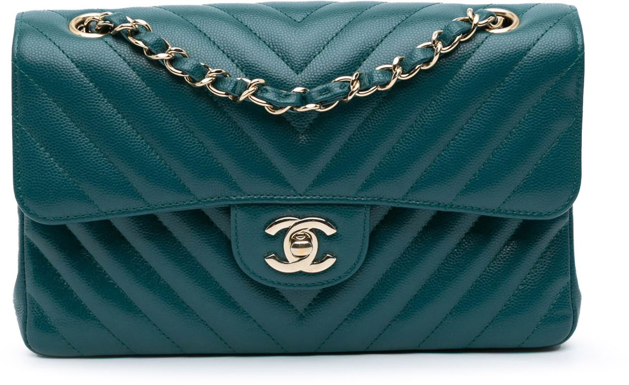 Chanel Small Classic Chevron Caviar Double Flap Blauw