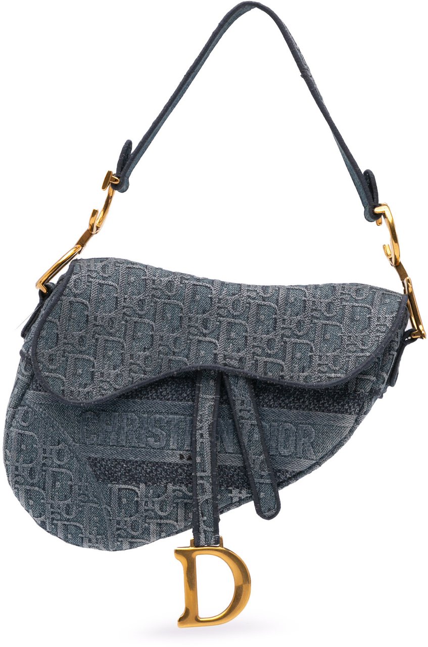 Dior Oblique Denim Embroidered Saddle Bag Blauw
