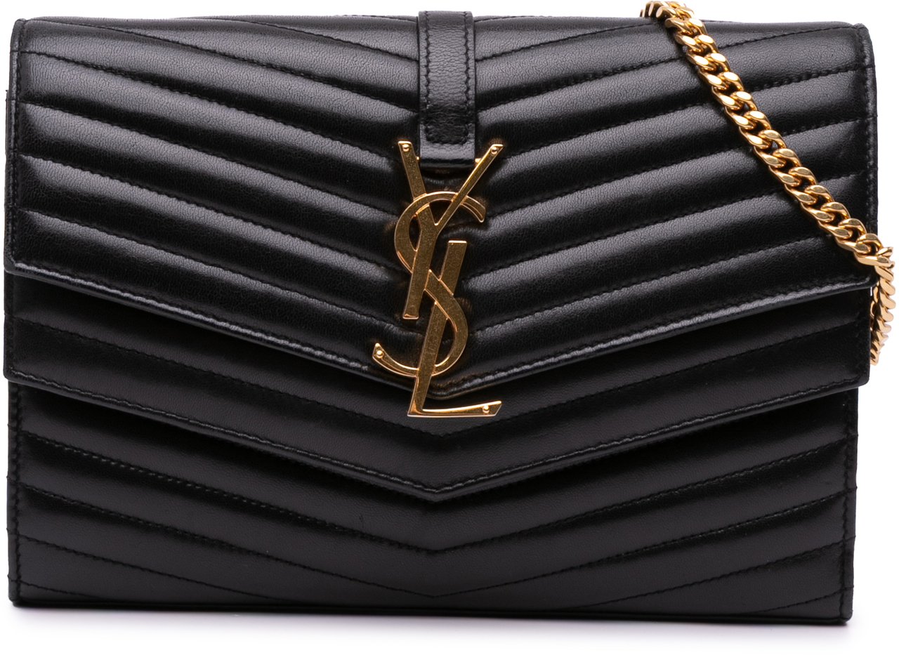 Saint Laurent Lambskin Chevron Monogram Sulpice Chain Wallet Zwart