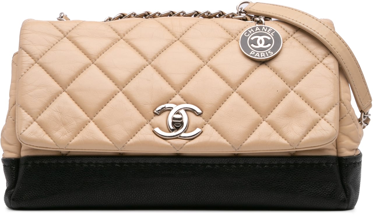 Chanel CC Bicolor Quilted Calfskin and Caviar Single Flap Bruin