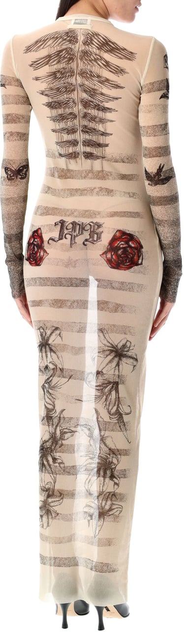 Jean Paul Gaultier Mesh Tatoo Marinier Long Dress Ecru Black Red Rood