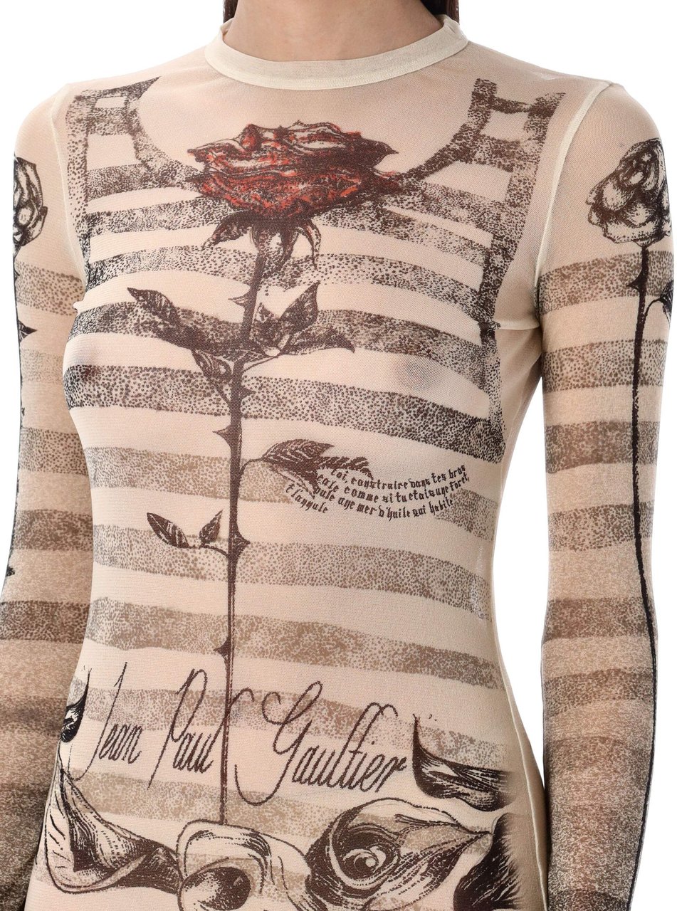 Jean Paul Gaultier Mesh Tatoo Marinier Long Dress Ecru Black Red Rood