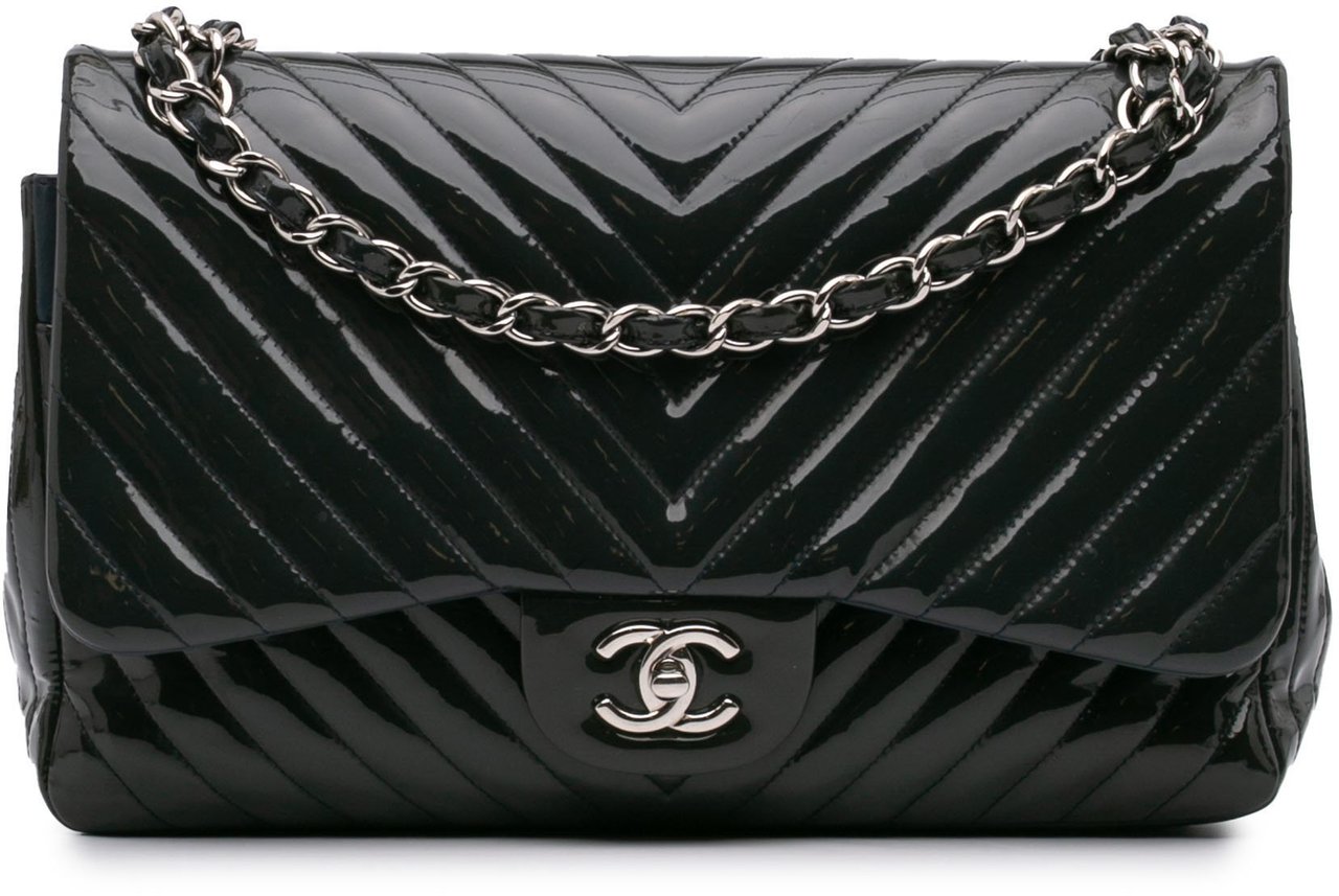 Chanel Jumbo Classic Chevron Patent Double Flap Blauw
