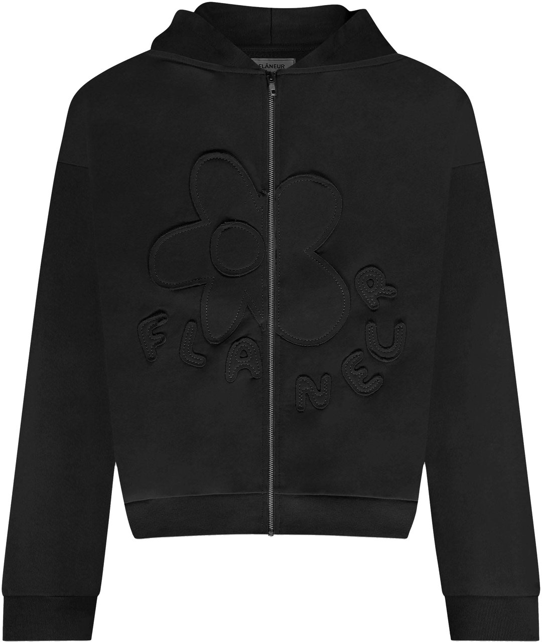 FLÂNEUR Blossom Patches Zip-Up Hoodie | Black Zwart