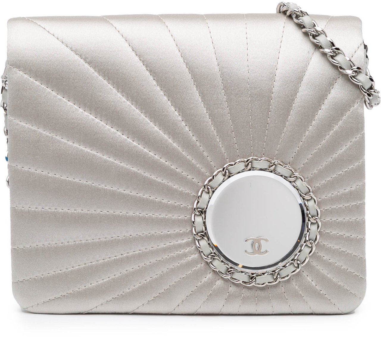 Chanel Satin Embellished Mirror Flap with Chain Zilver