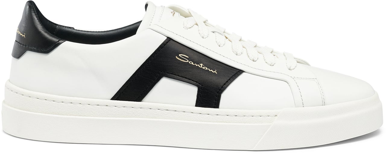 Santoni Men’s leather double buckle sneaker Wit