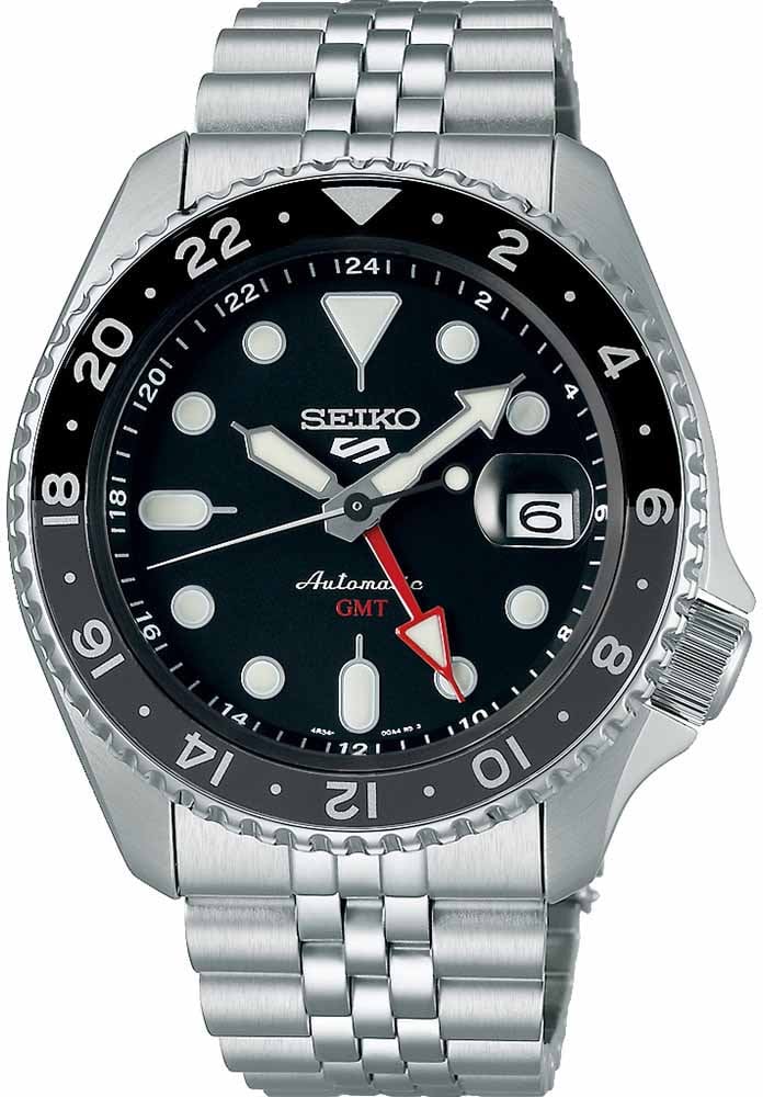 Seiko Seiko Horloge SSK001K1 5 Sports Staal Automaat GMT 100m Waterdicht met Zwarte Wijzerplaat 42mm Divers