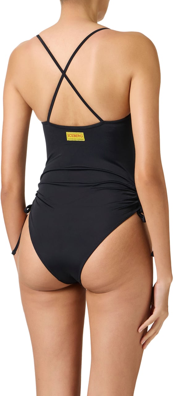 Iceberg Black one-piece with Tom print on the chest and side ties Zwart