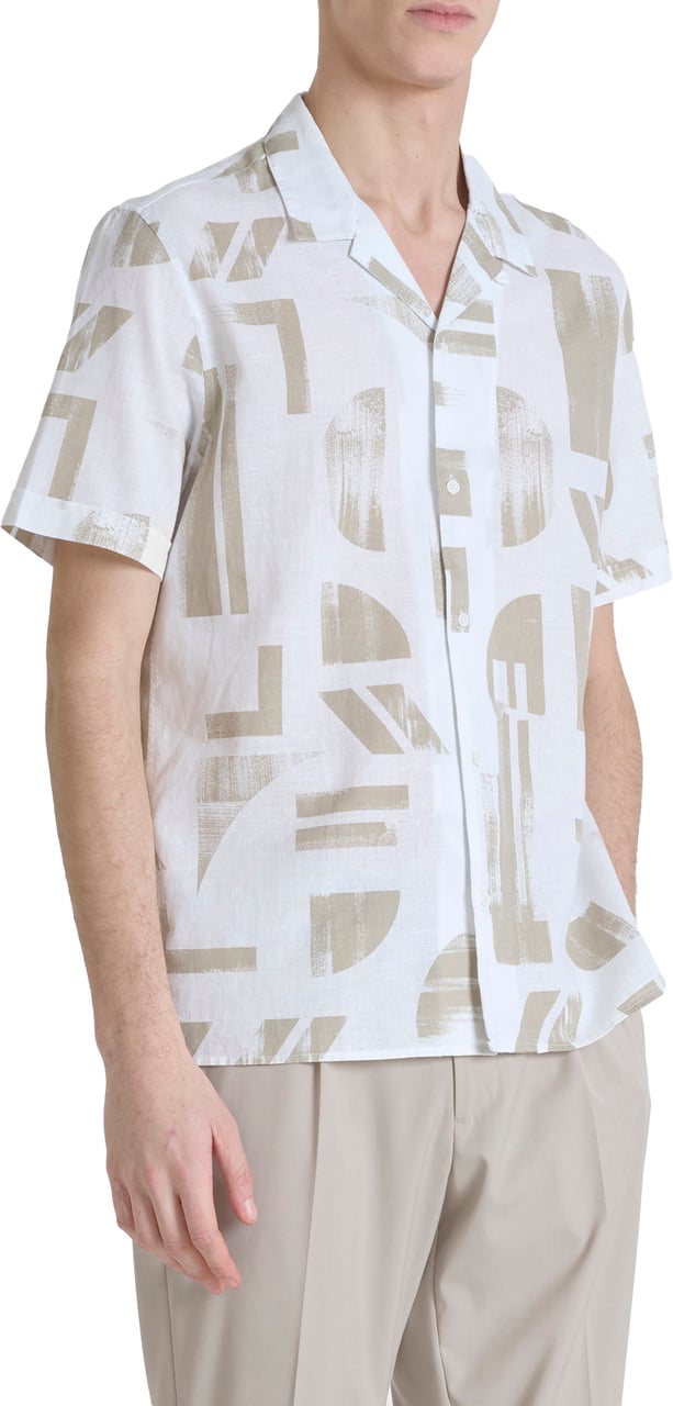 Antony Morato SHIRT HONOLULU REGULAR STRAIGHT FIT IN PRINTED COTTON LINEN BLEND FABRIC WITH LOGOED METAL BADGE Beige