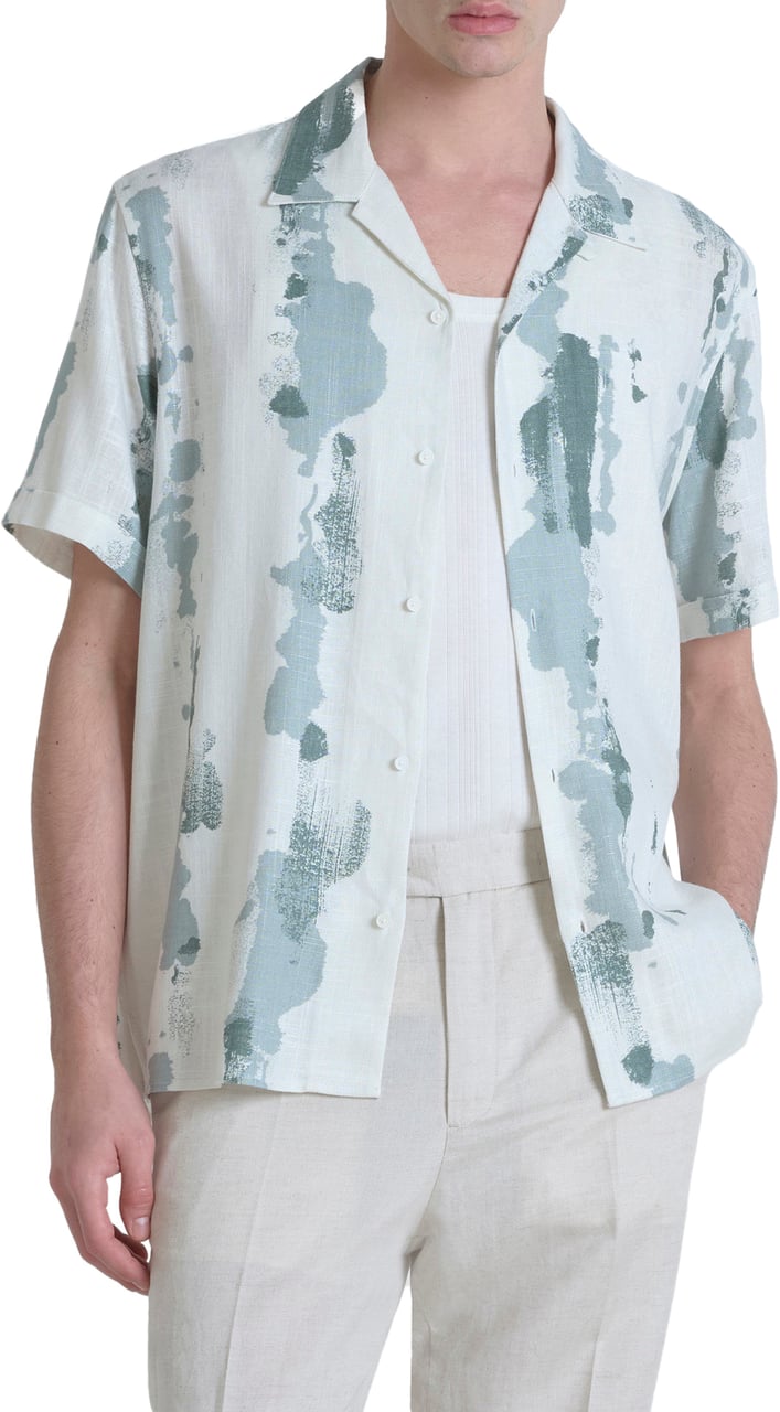 Antony Morato SHIRT HONOLULU REGULAR STRAIGHT FIT IN PRINTED SLUB VISCOSE BLEND FABRIC WITH LOGOED METAL BADGE Groen