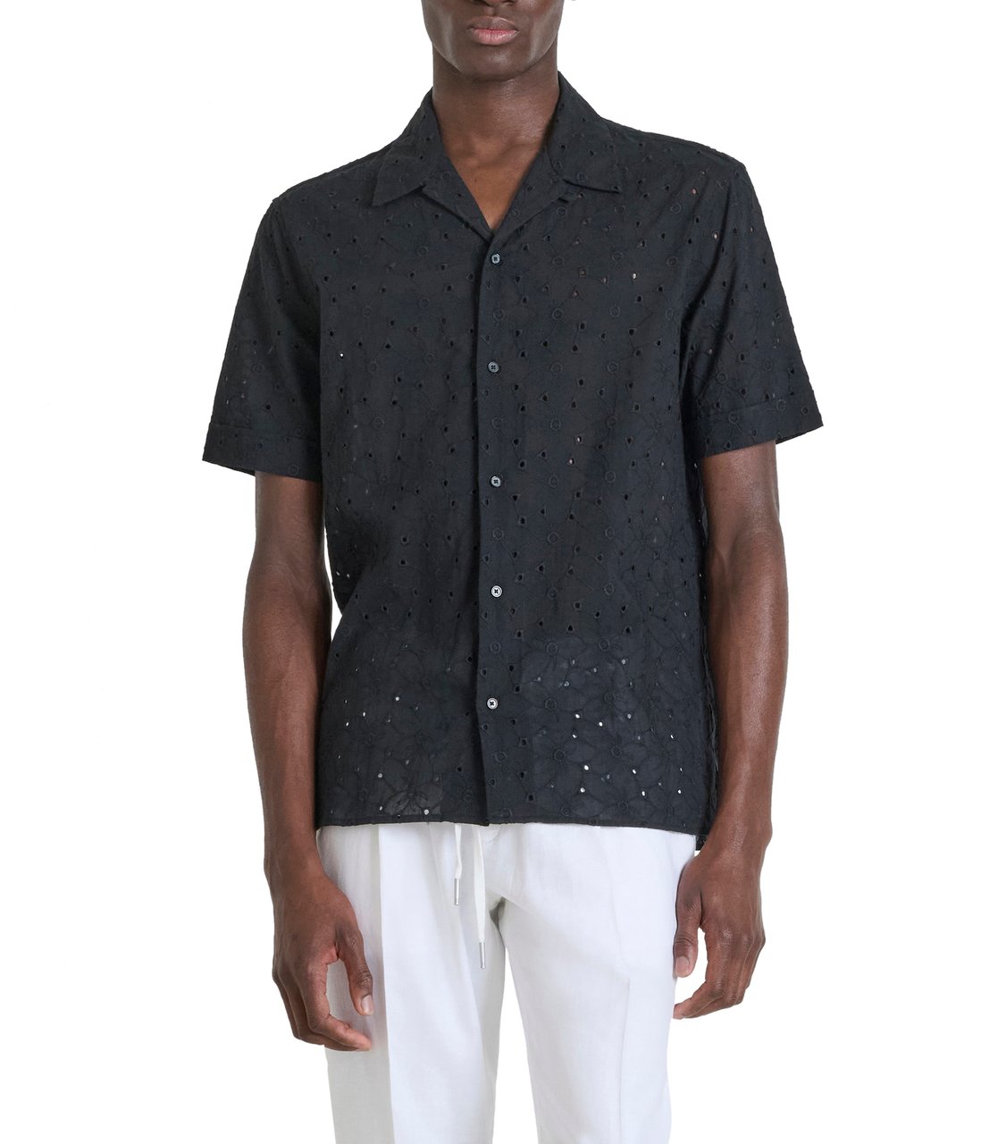 Antony Morato SHIRT HONOLULU REGULAR STRAIGHT FIT IN EMBROIDERED POPELINE COTTON FABRIC WITH LOGOED METAL BADGE Zwart