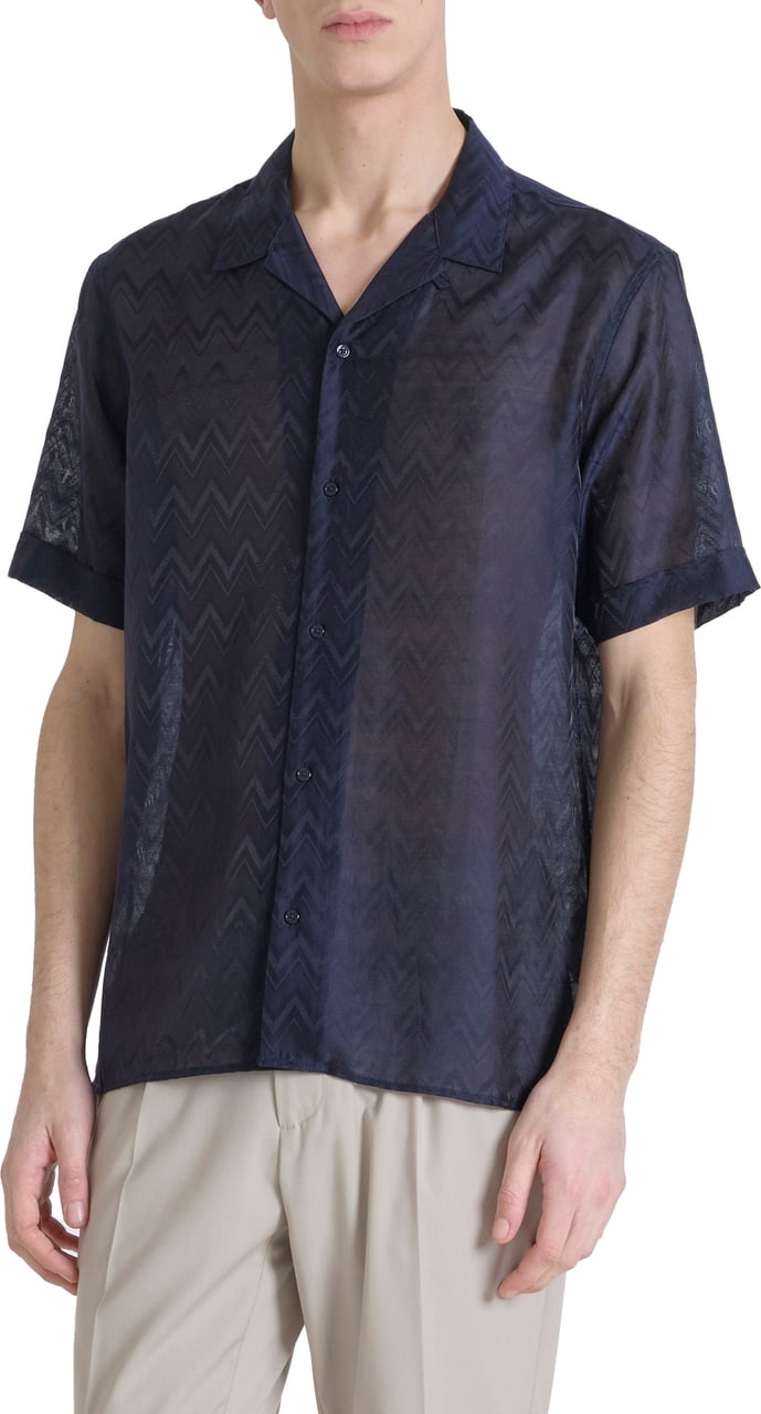 Antony Morato SHIRT HONOLULU REGULAR STRAIGHT FIT IN JACQUARD LYOCELL NYLON BLEND FABRIC WITH LOGOED METAL BADGE Blauw