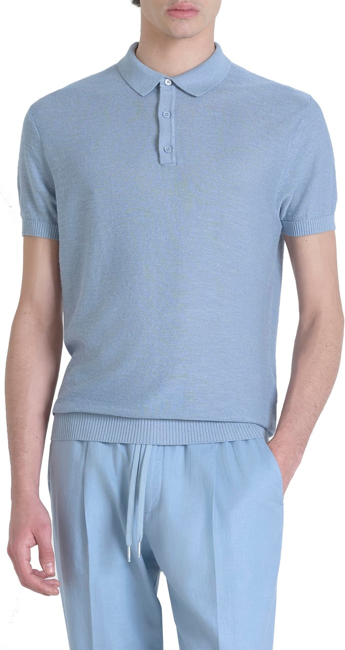 Antony Morato SWEATER REGULAR FIT IN LINEN BLEND SOFT YARN WITH LOGOED METAL BADGE Blauw