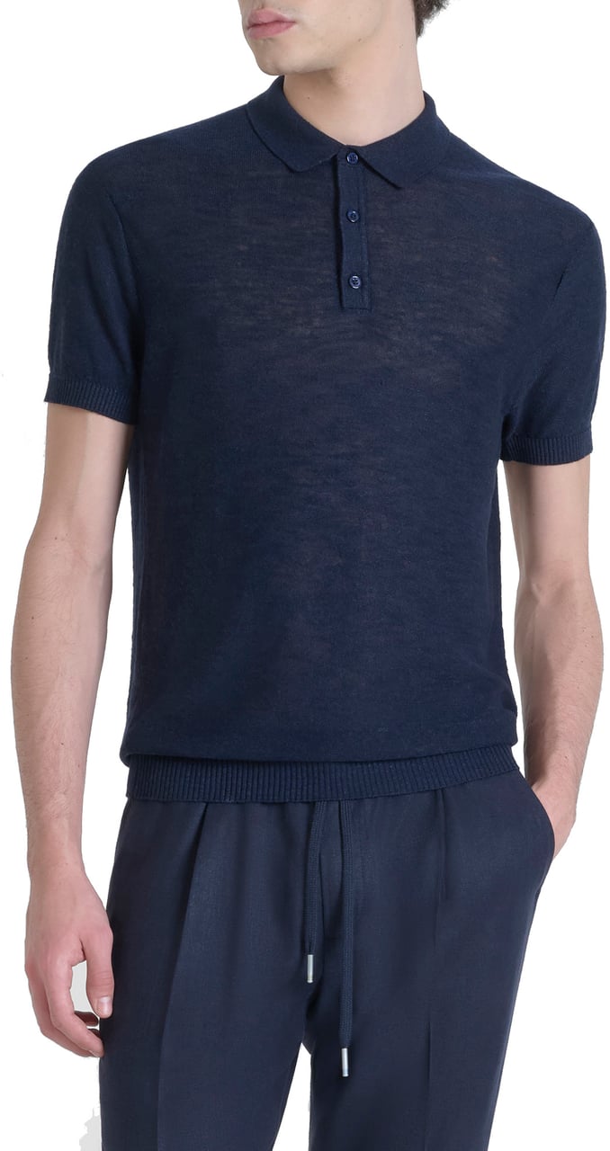 Antony Morato SWEATER REGULAR FIT IN LINEN BLEND SOFT YARN WITH LOGOED METAL BADGE Blauw