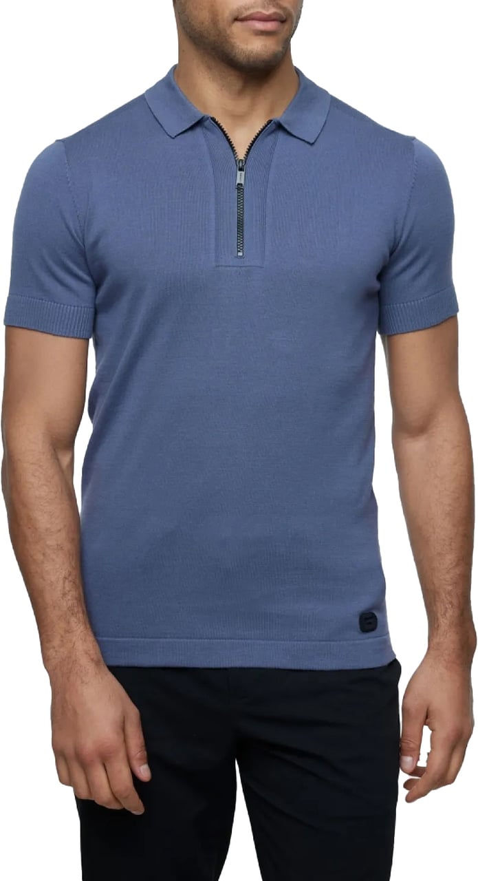 Genti Polo Zip Knit Blue Blauw