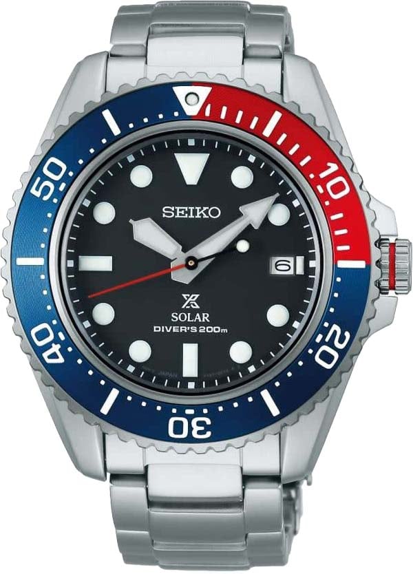 Seiko Seiko Horloge SNE591P1 Prospex Staal Solar Saffierglas 100m Waterdicht met Blauw Rood 43mm Divers