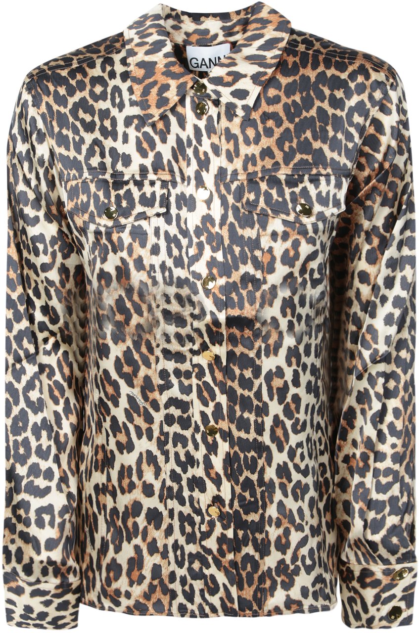 Ganni GANNI ANIMALIER SATIN SHIRT Beige