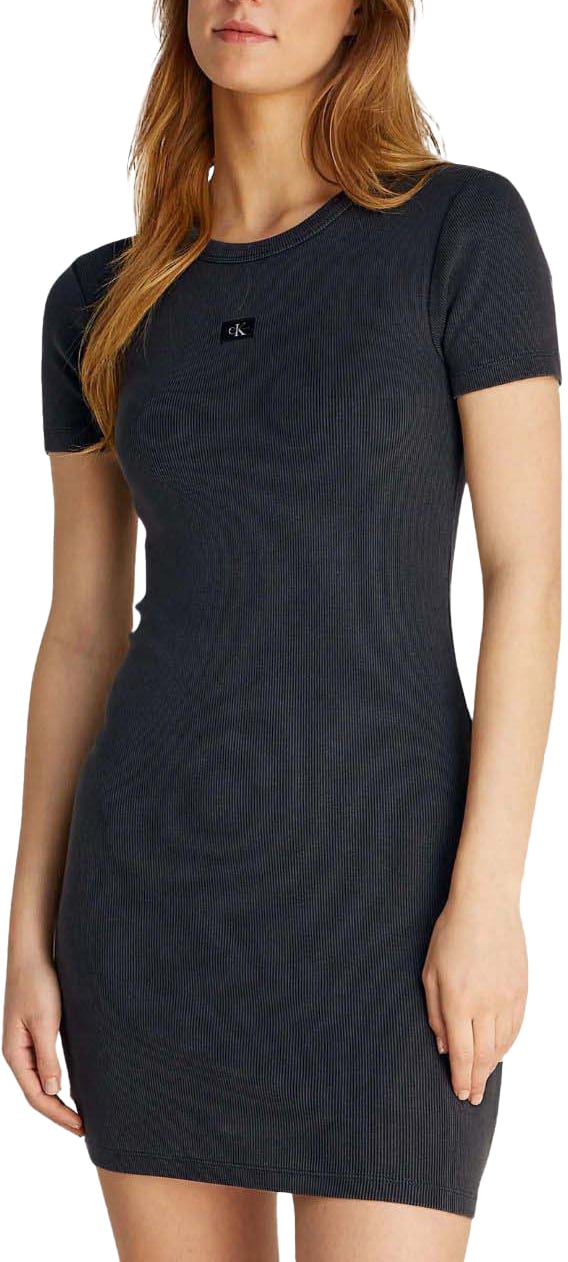 Calvin Klein Washed Woven Label Rib Jurk Zwart