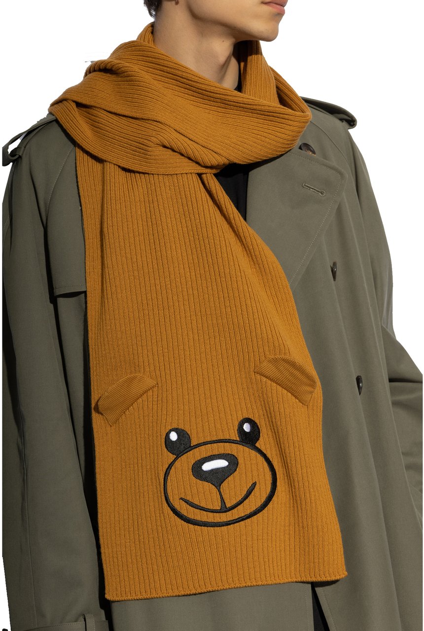 Moschino Teddy Bear Embroidered Knitted Scarf Bruin