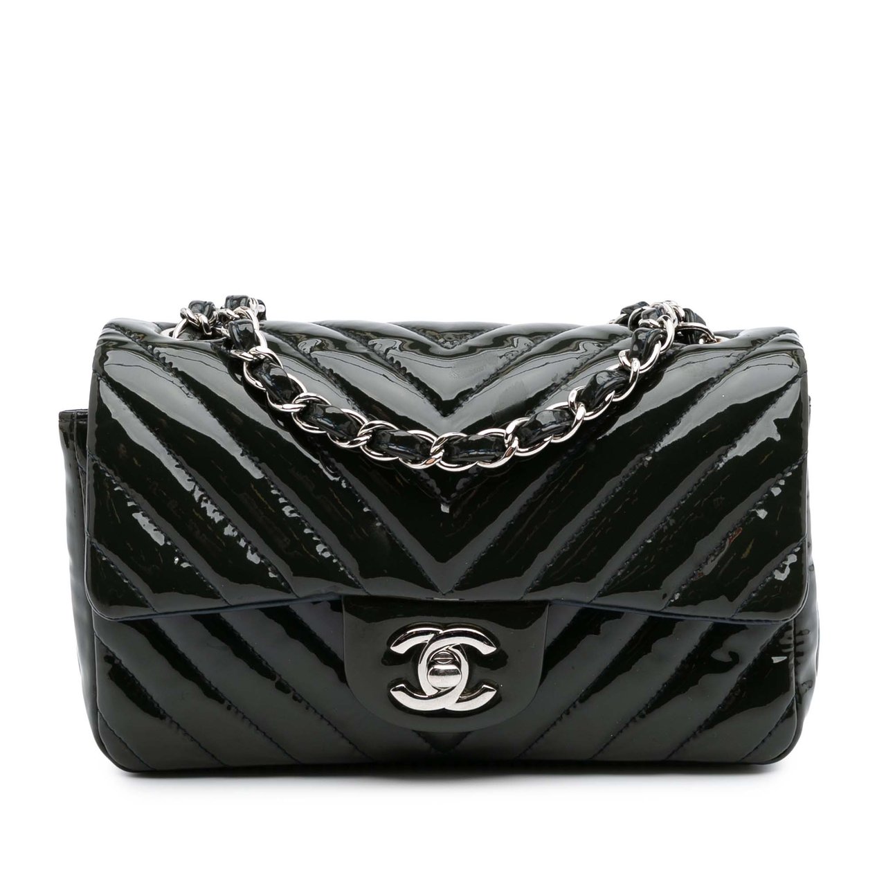 Chanel Mini Rectangular Classic Chevron Patent Single Flap Blauw