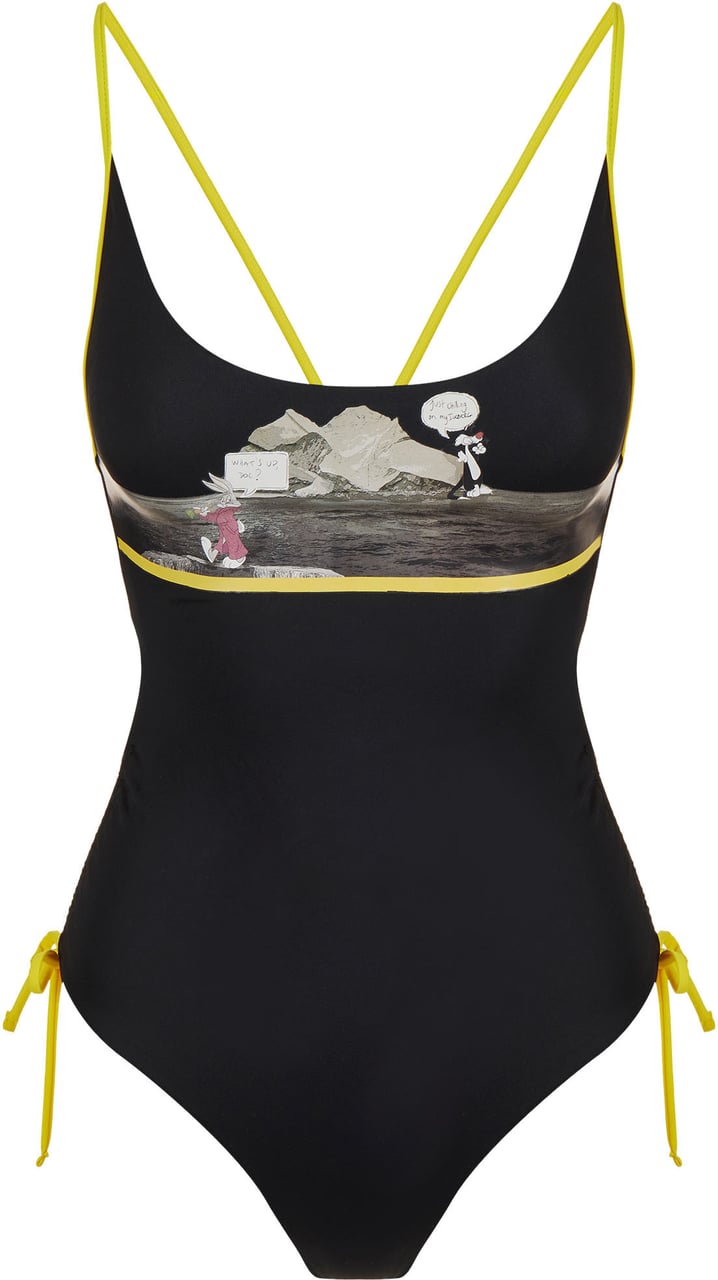 Iceberg Black One-Piece Swimsuit with Warner Bros Chest Illustration Zwart