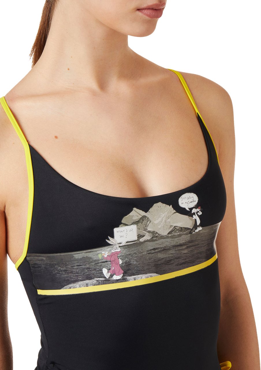 Iceberg Black One-Piece Swimsuit with Warner Bros Chest Illustration Zwart