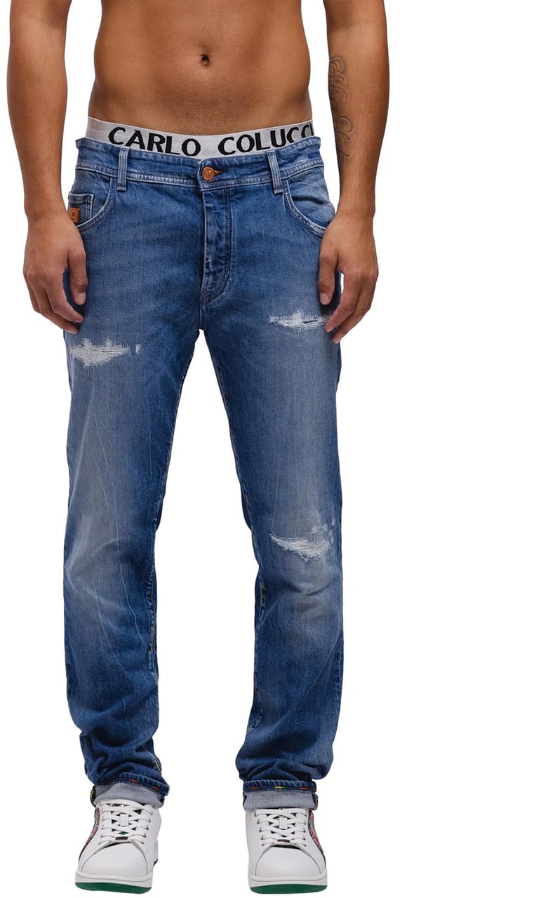 Carlo Colucci Premium Destroyed Taperedfit Blue Blauw