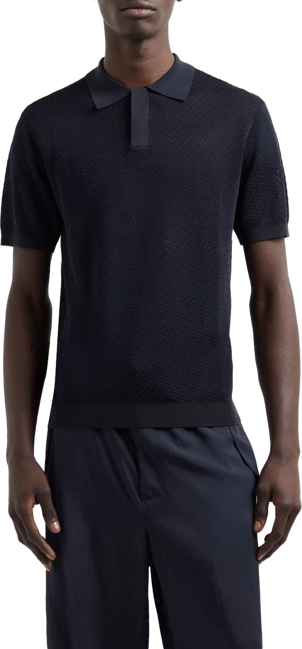 Emporio Armani Micro Pattern Jacquard Knit Polo Blauw