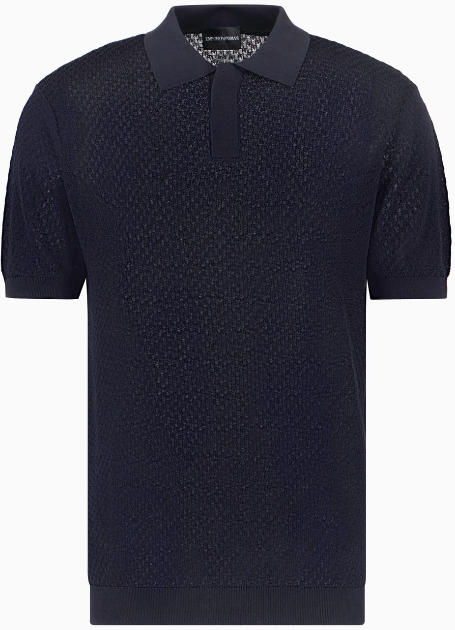 Emporio Armani Micro Pattern Jacquard Knit Polo Blauw