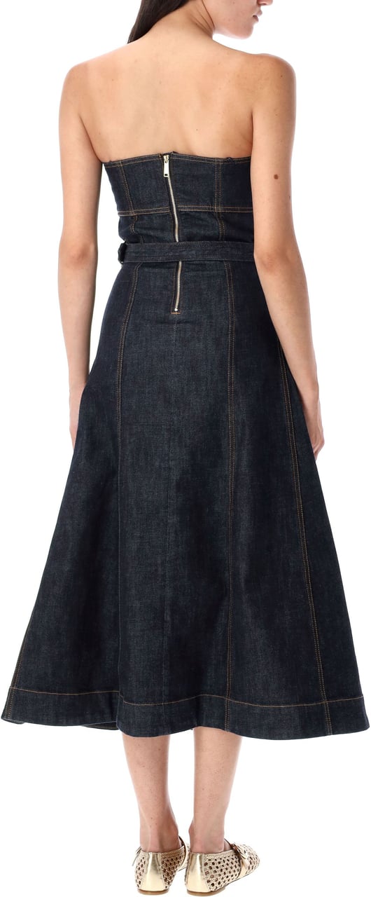 Self-Portrait Denim Bustier Long Dress Blue Blauw