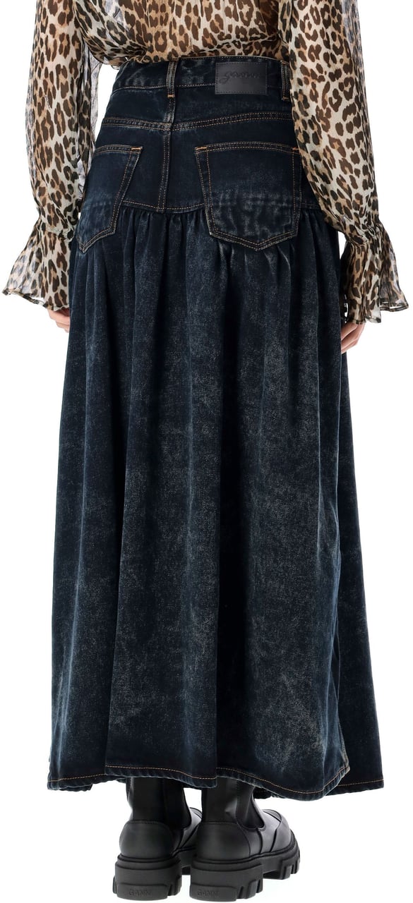 Ganni Denim Long Skirt Washed Black Zwart