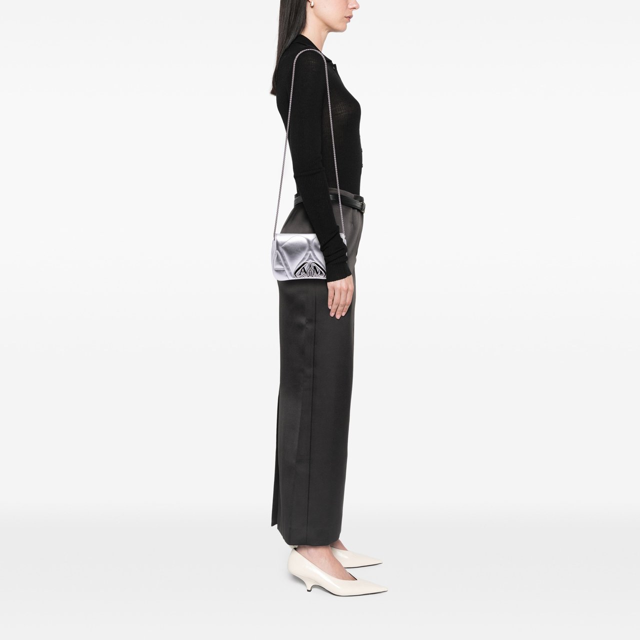 Alexander McQueen Mini Lambskin The Seal Chain Crossbody Zilver