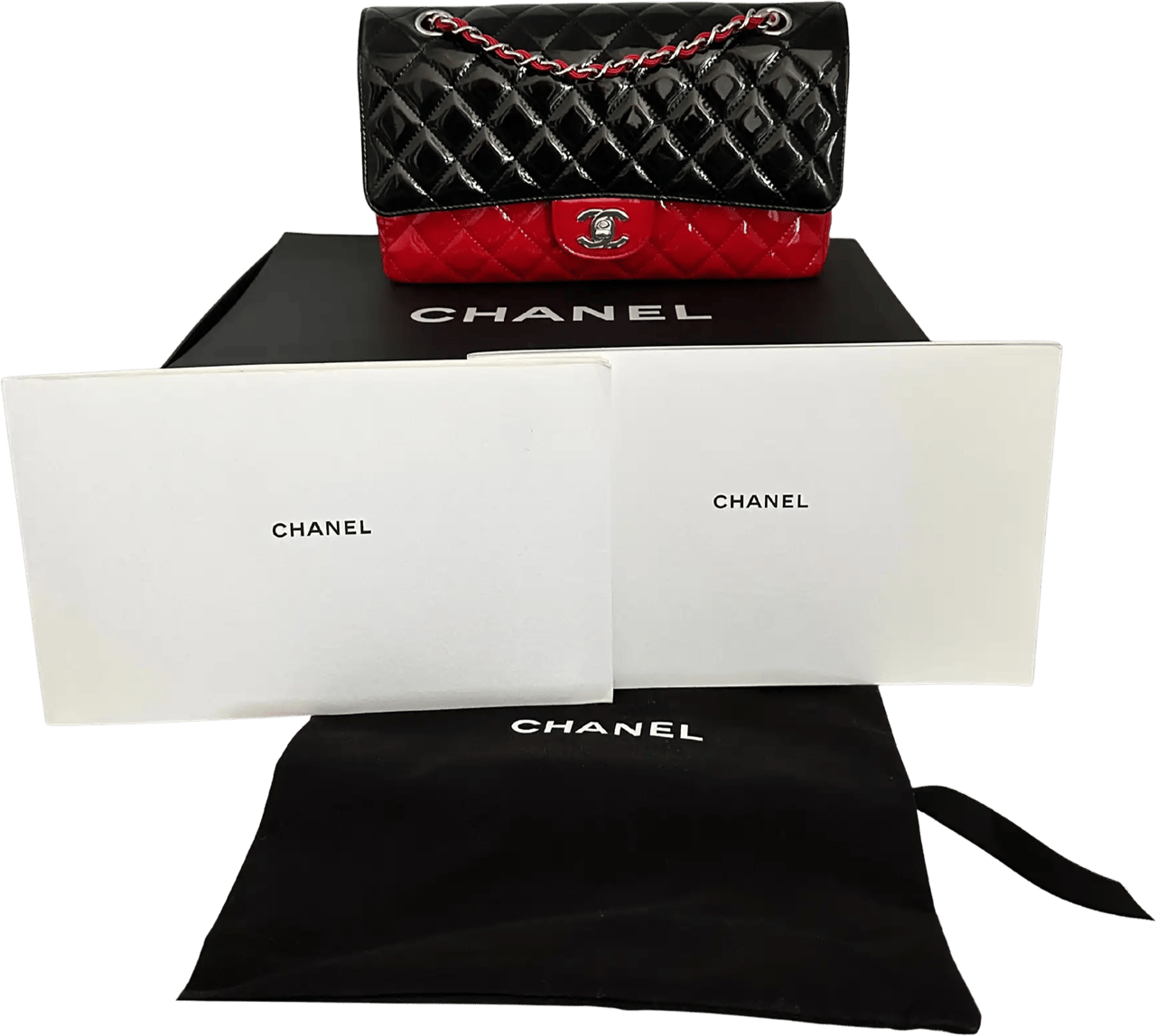 Chanel Chanel Medium Bicolor Quilted Patent Calfskin Double Flap Bag / neuwertig Zwart