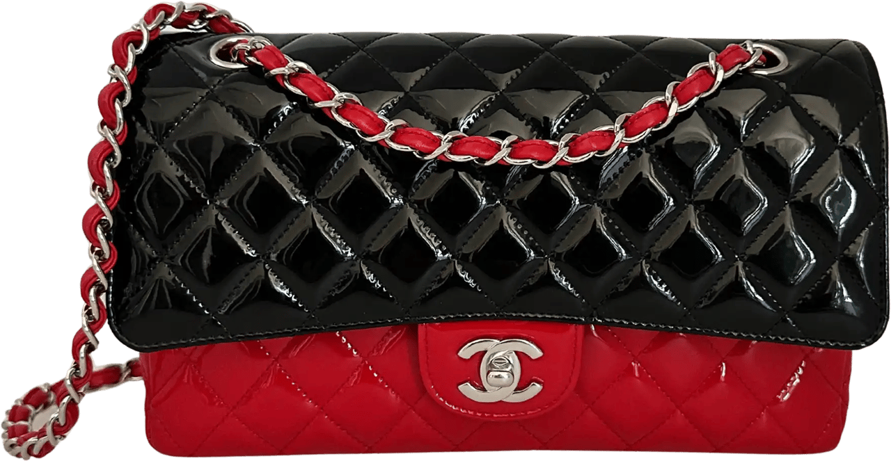 Chanel Chanel Medium Bicolor Quilted Patent Calfskin Double Flap Bag / neuwertig Zwart