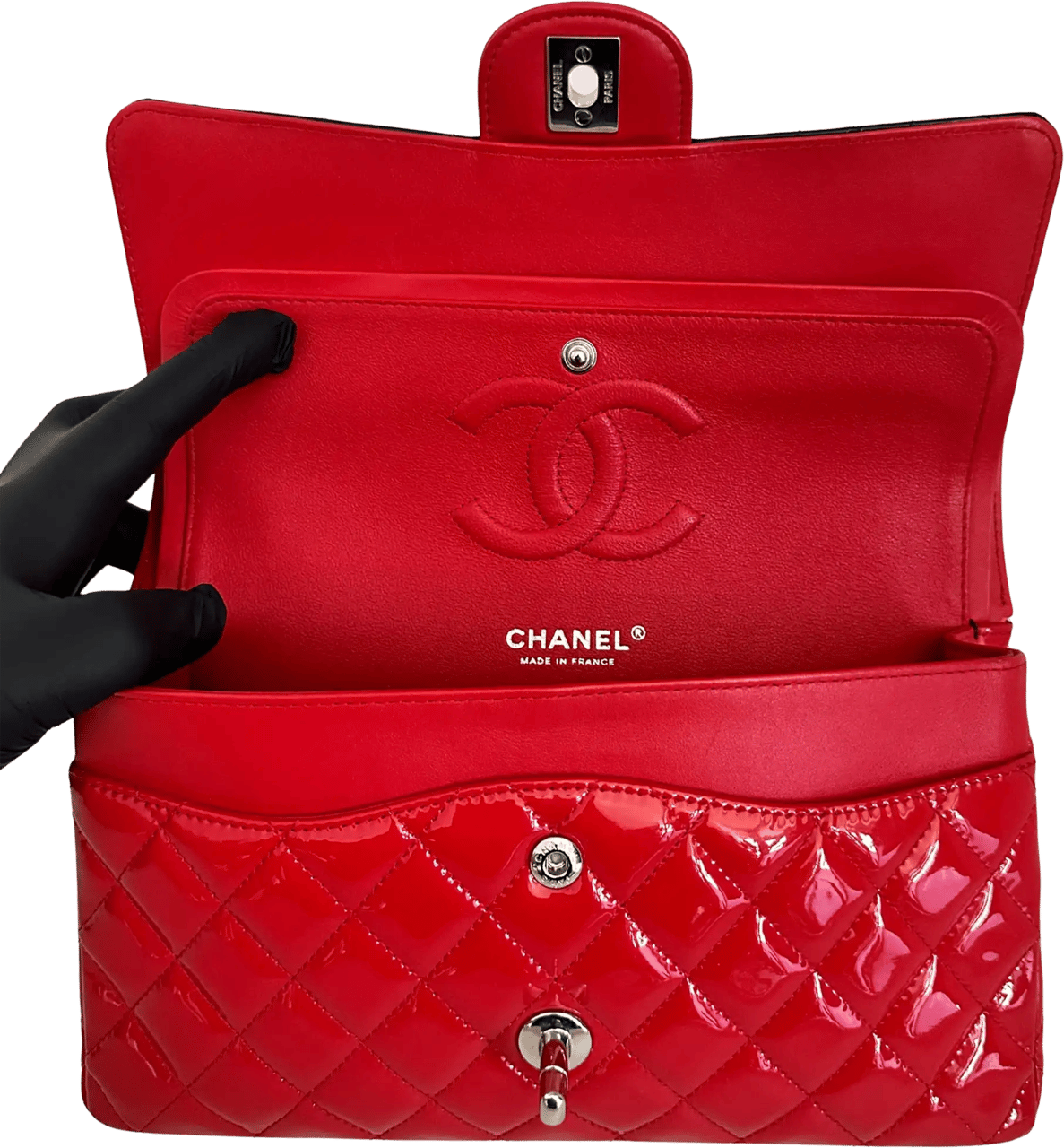 Chanel Chanel Medium Bicolor Quilted Patent Calfskin Double Flap Bag / neuwertig Zwart