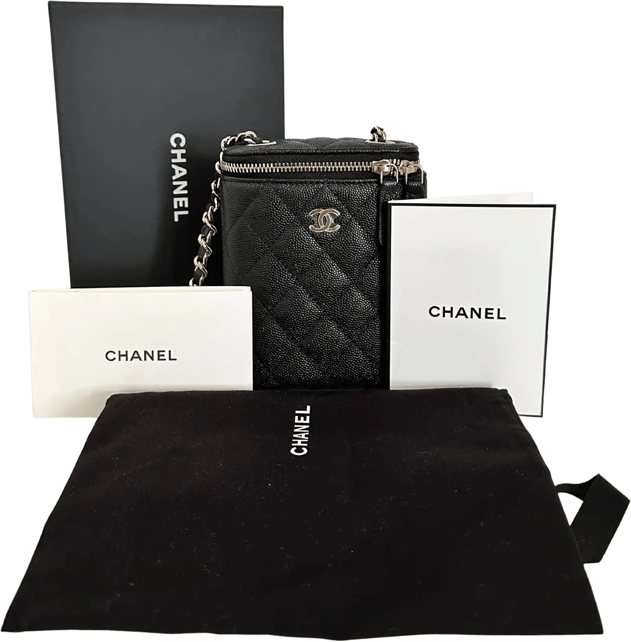 Chanel Chanel Vertical Coco Beauty Vanity Case small Kaviarleder Fullset / ungetragen Zwart