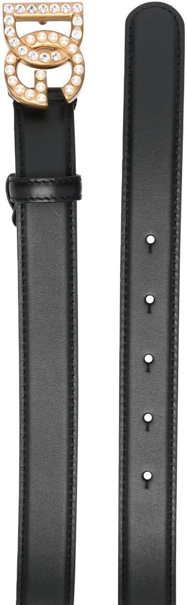 Dolce & Gabbana Crystal And Pearls DG Logo Thin Belt Zwart
