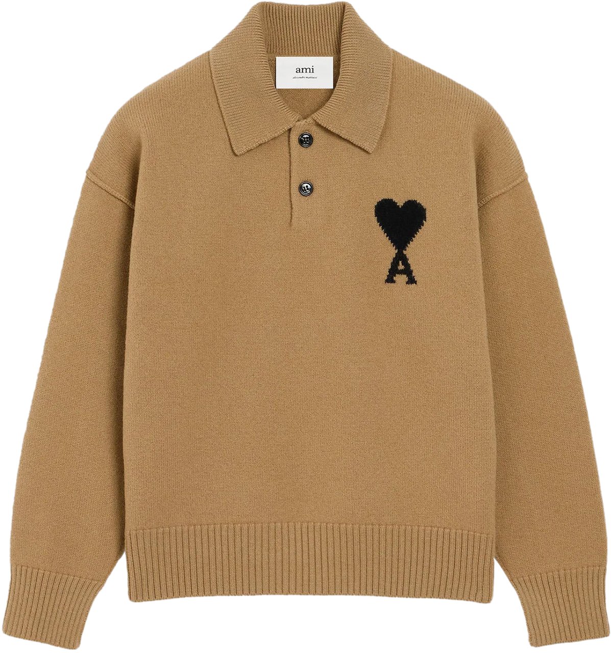 AMI Paris AMI DE COEUR FELTED WOOL POLO SHIRT DARK BEIGE Beige