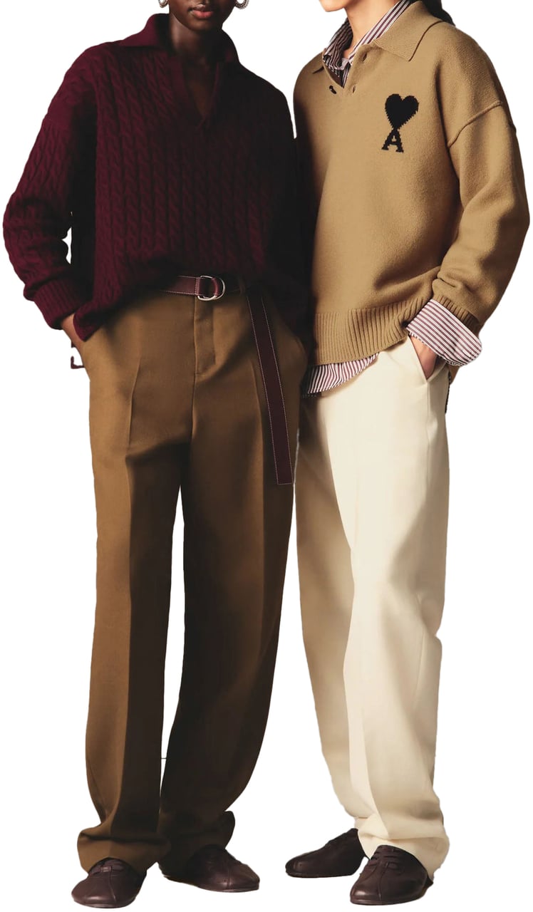 AMI Paris AMI DE COEUR FELTED WOOL POLO SHIRT DARK BEIGE Beige