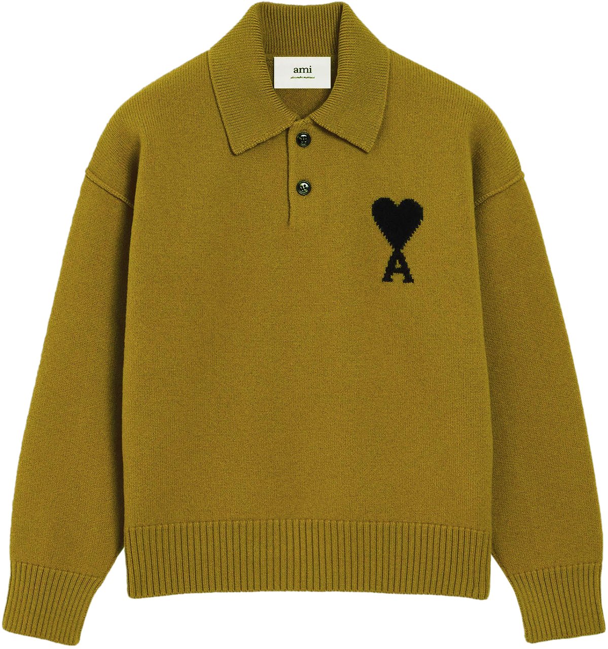 AMI Paris AMI DE COEUR FELTED WOOL POLO SHIRT ARMY GREEN Groen