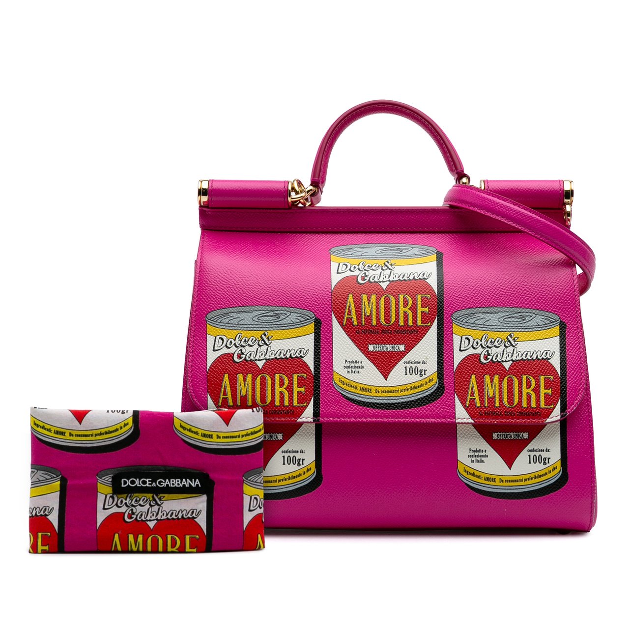 Dolce & Gabbana Medium Calfskin Dauphine Amore Soup Can Print Miss Sicily Satchel Roze