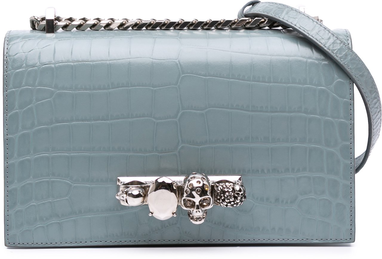 Alexander McQueen Croc Embossed Calfskin Skull Knuckle Duster Crossbody Blauw