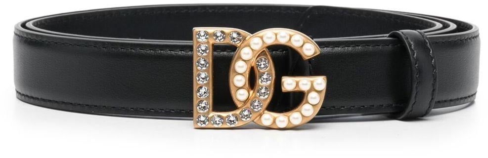 Dolce & Gabbana Crystal And Pearls DG Logo Thin Belt Zwart