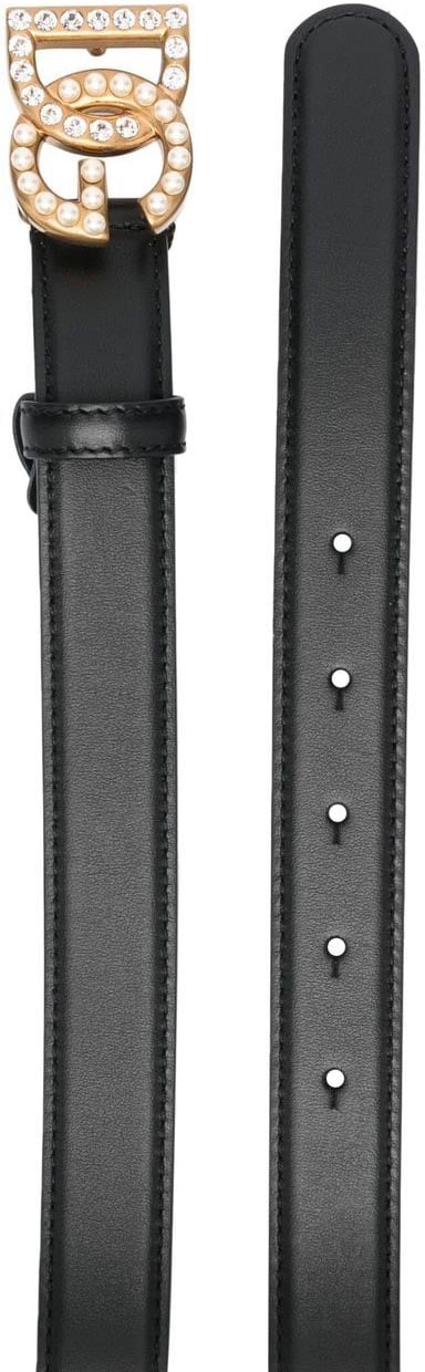 Dolce & Gabbana Crystal And Pearls DG Logo Thin Belt Zwart