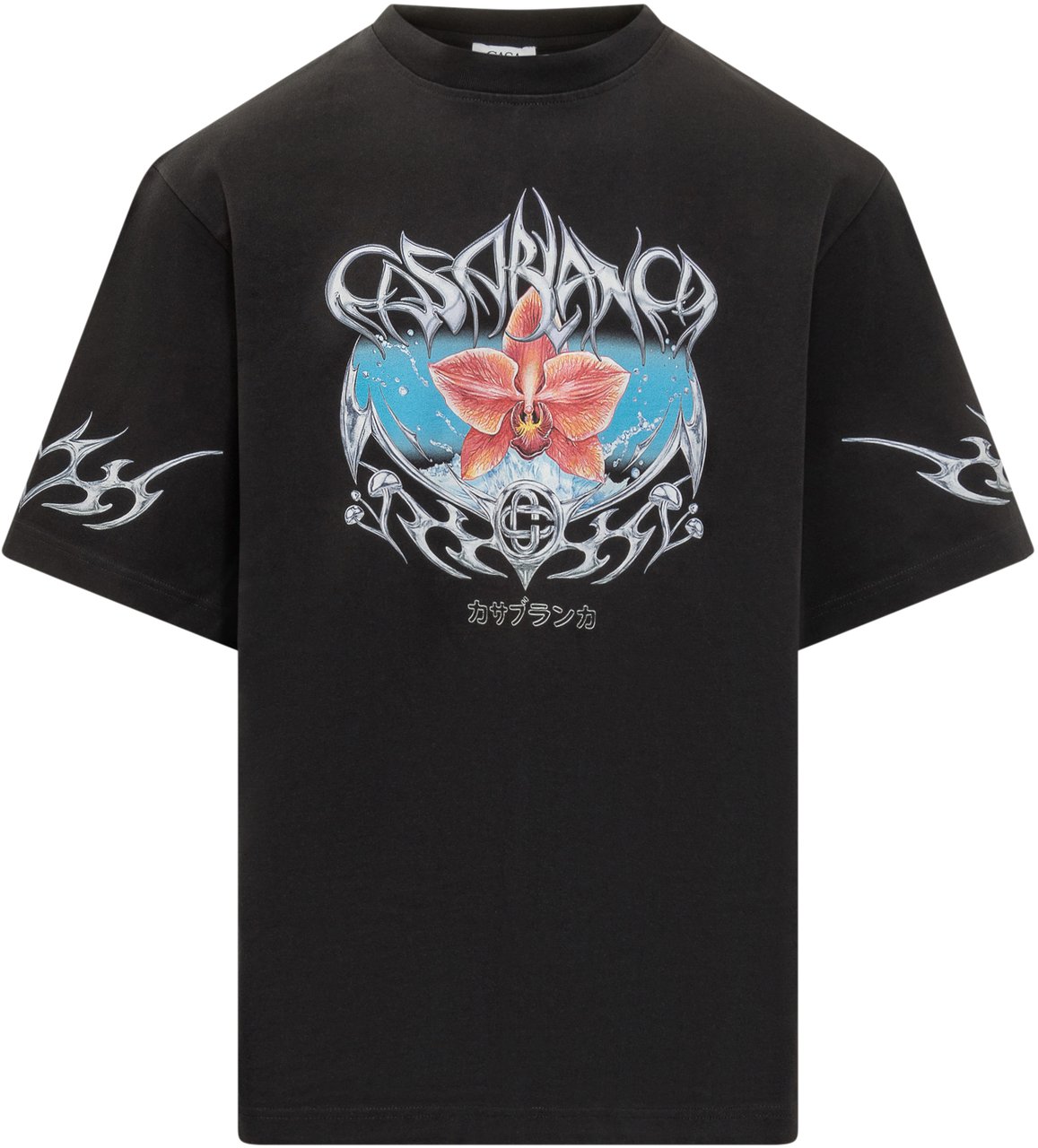 Casablanca T-Shirt Casablanca Nera con Stampa Floreale e Tribal Zwart