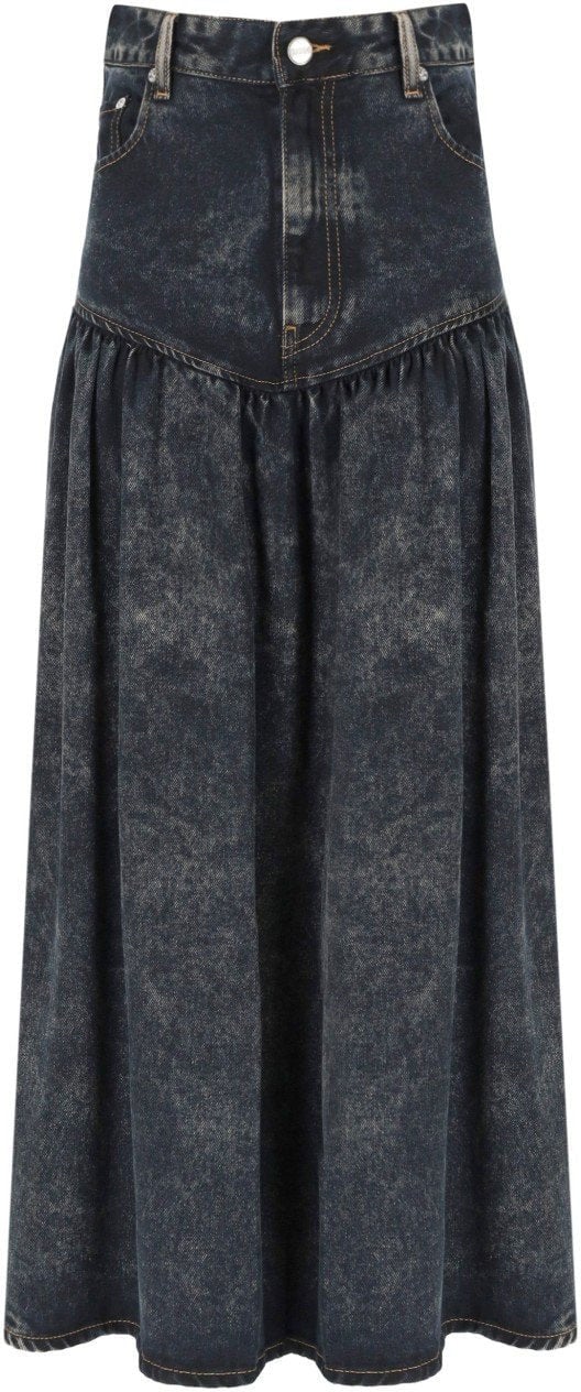 Ganni Denim Long Skirt Washed Black Zwart