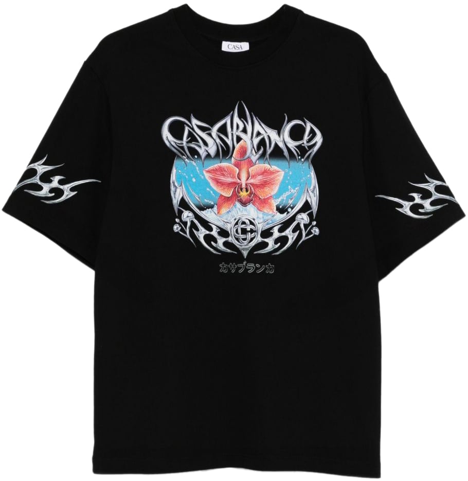 Casablanca T-Shirt Casablanca Nera con Stampa Floreale e Tribal Zwart