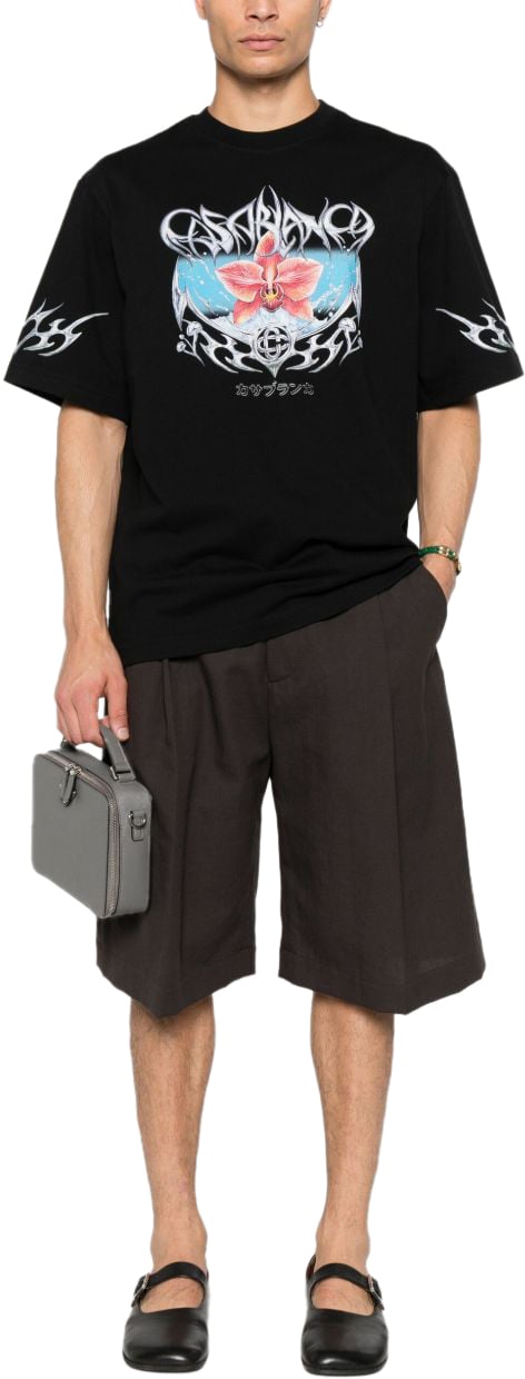 Casablanca T-Shirt Casablanca Nera con Stampa Floreale e Tribal Zwart